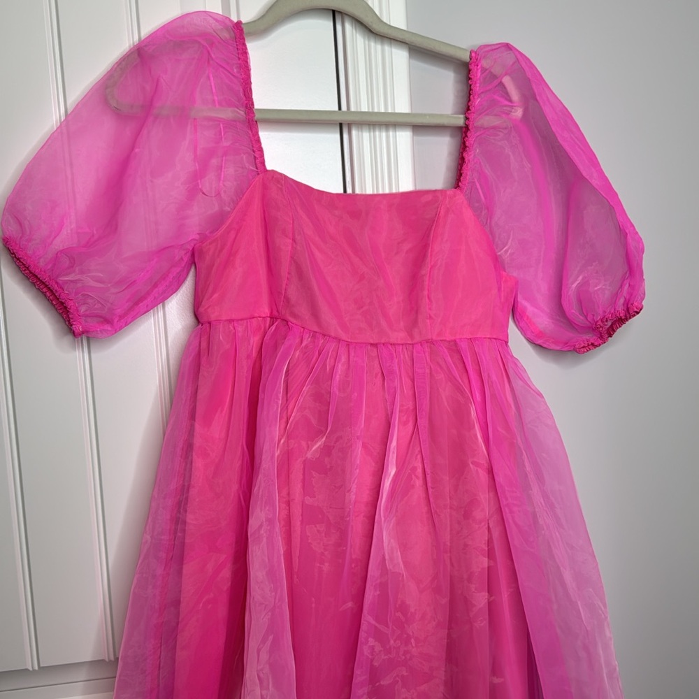 Pink Puff-Sleeve Mini Dress - Bright Pink